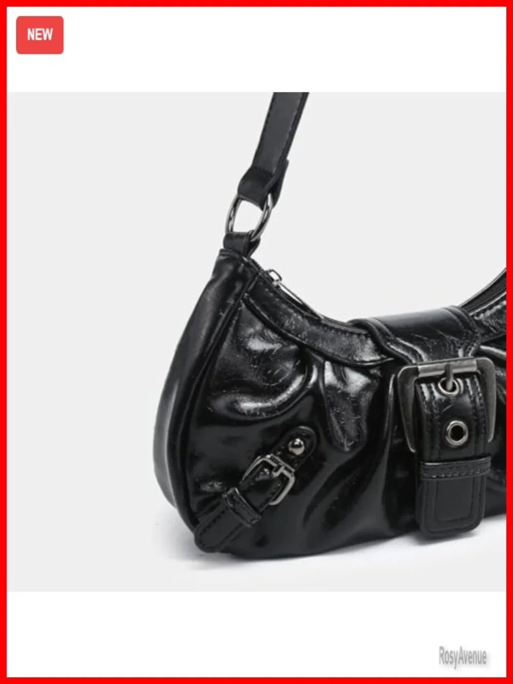 Faux Leather Y2K Hobo Bag with Metal Buckle Detachable Strap